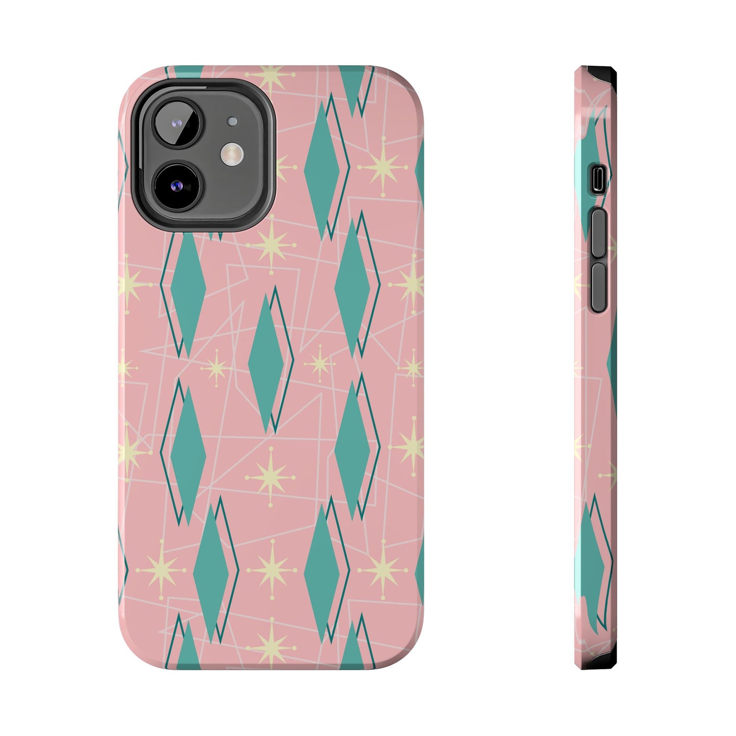 1950s Retro Star and Diamond Pattern in Pink and Green Tough iPhone Case