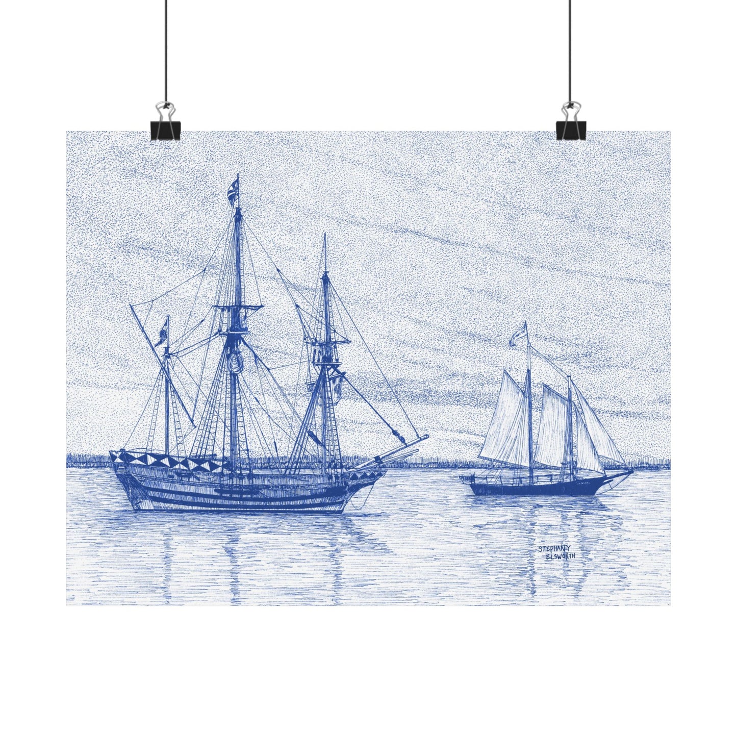 Sailboat Sketch Matte Poster — Blue Nautical Ship Wall Art