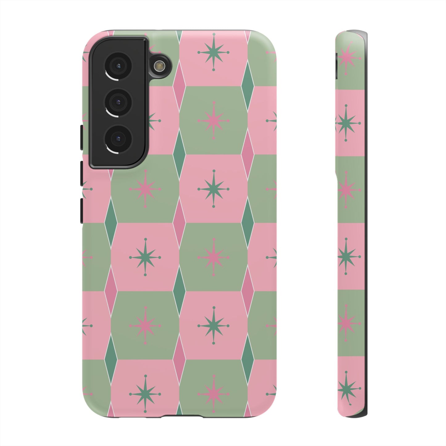 1950s Retro Square and Diamond Pattern in Pink and Green Tough Cases