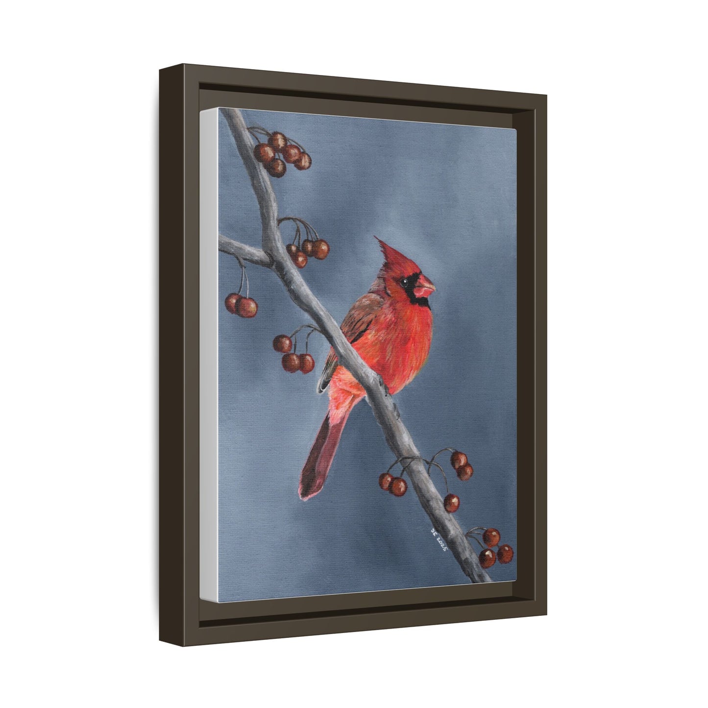 Framed Cardinal Canvas Art – Red Northern Cardinal on Winter Branch
