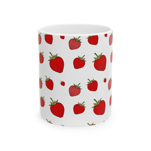 Strawberry Pattern Ceramic Mug — Cute Red Berry Coffee Cup (11oz & 15oz)