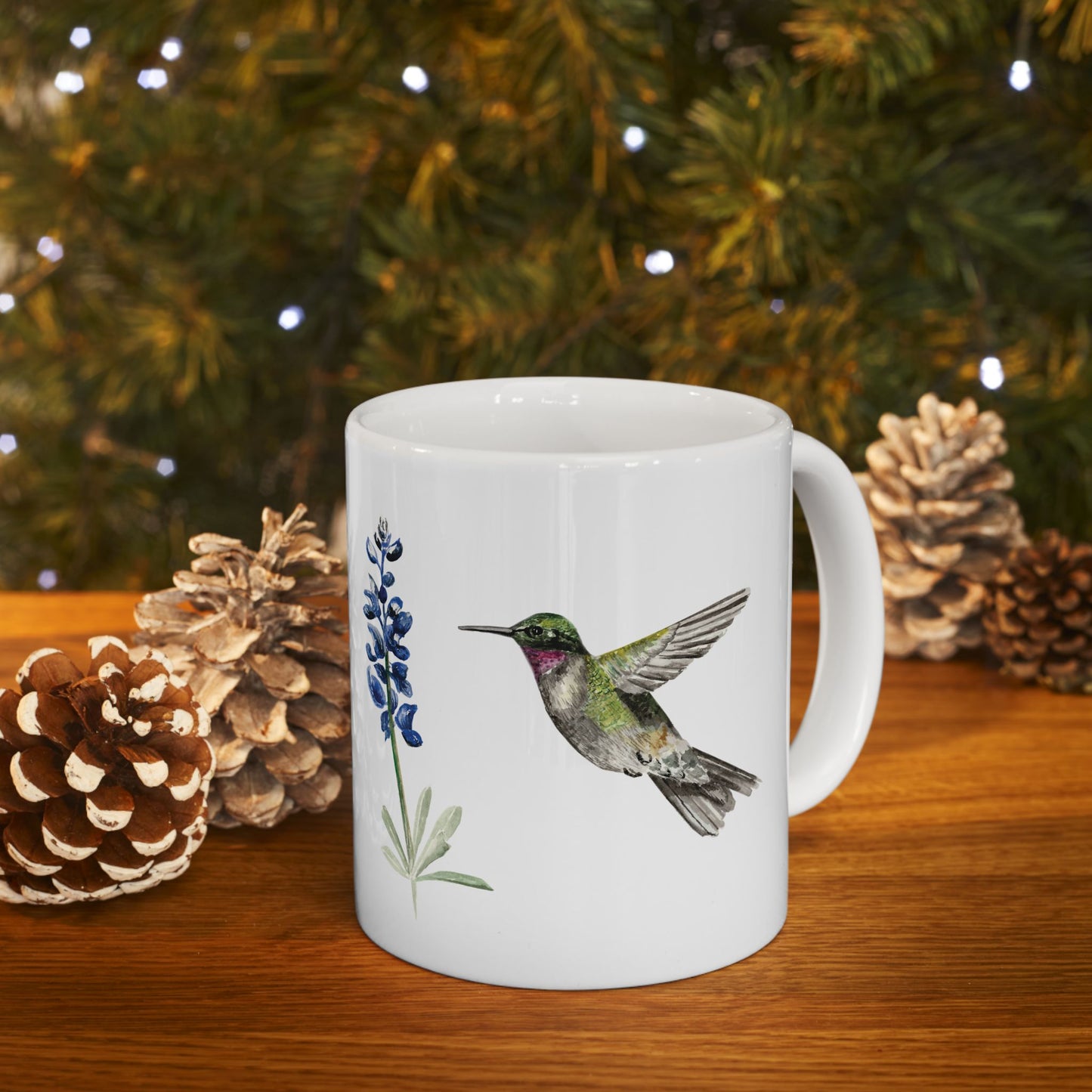 Hummingbird & Bluebonnet Ceramic Mug — Floral Bird Coffee Tea Cup (11oz, 15oz)