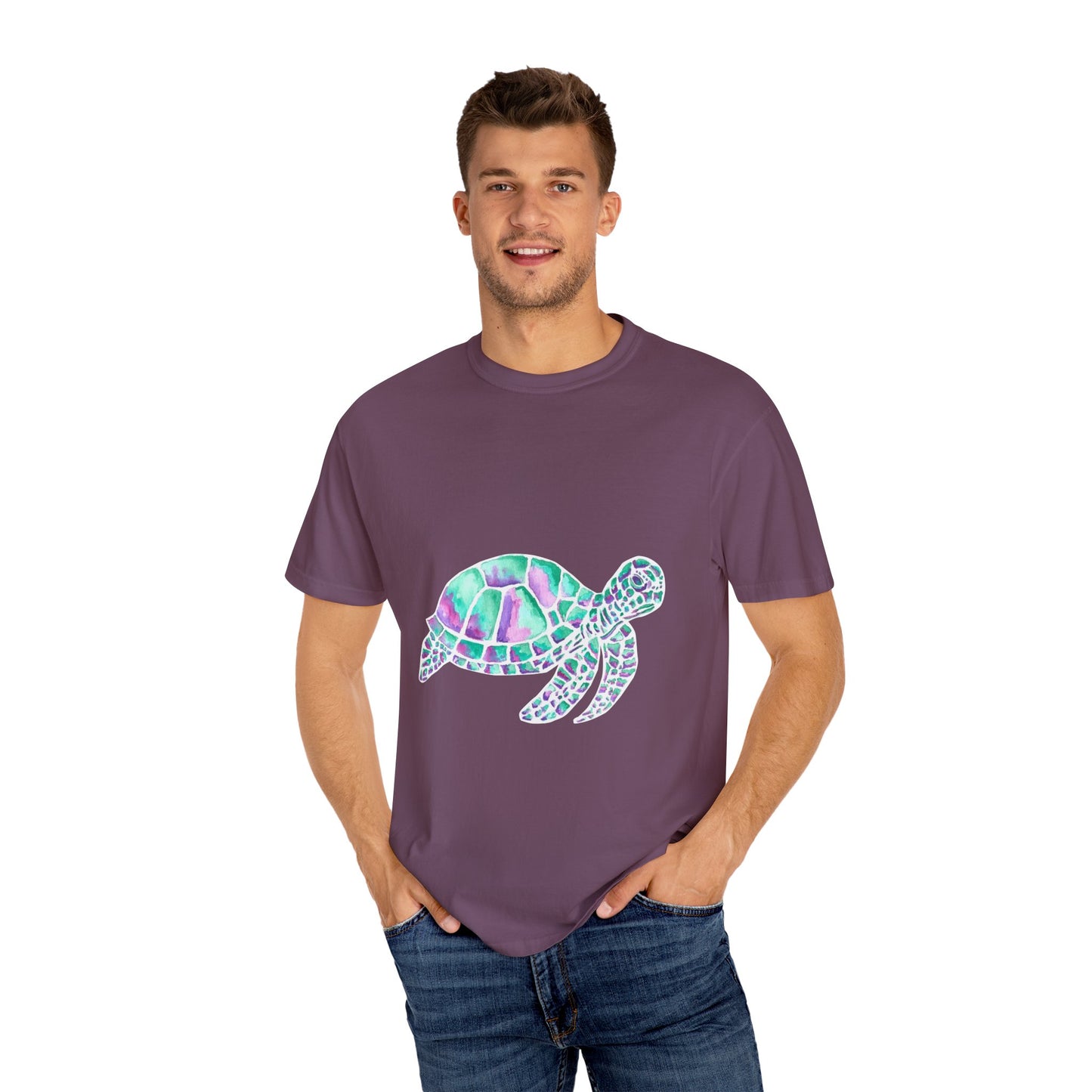 Sea Turtle in Teal and Purple Unisex Garment-Dyed T-shirt