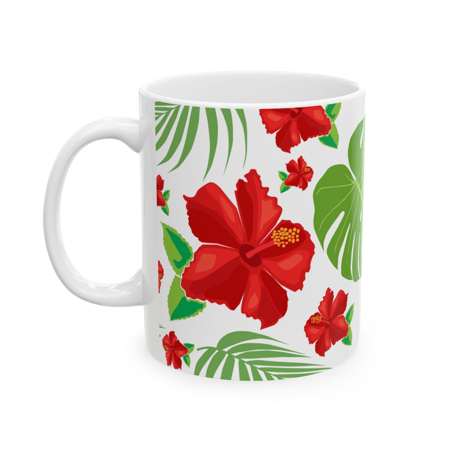 Red Hibiscus and Monstera Leaf Pattern Ceramic Mug 11oz