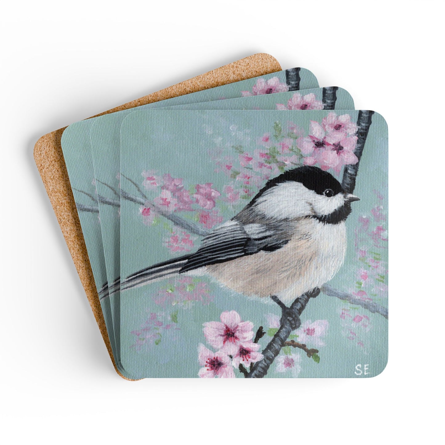 Bird & Cherry Blossom Cork Coaster Set — Chickadee Art Drink Coasters
