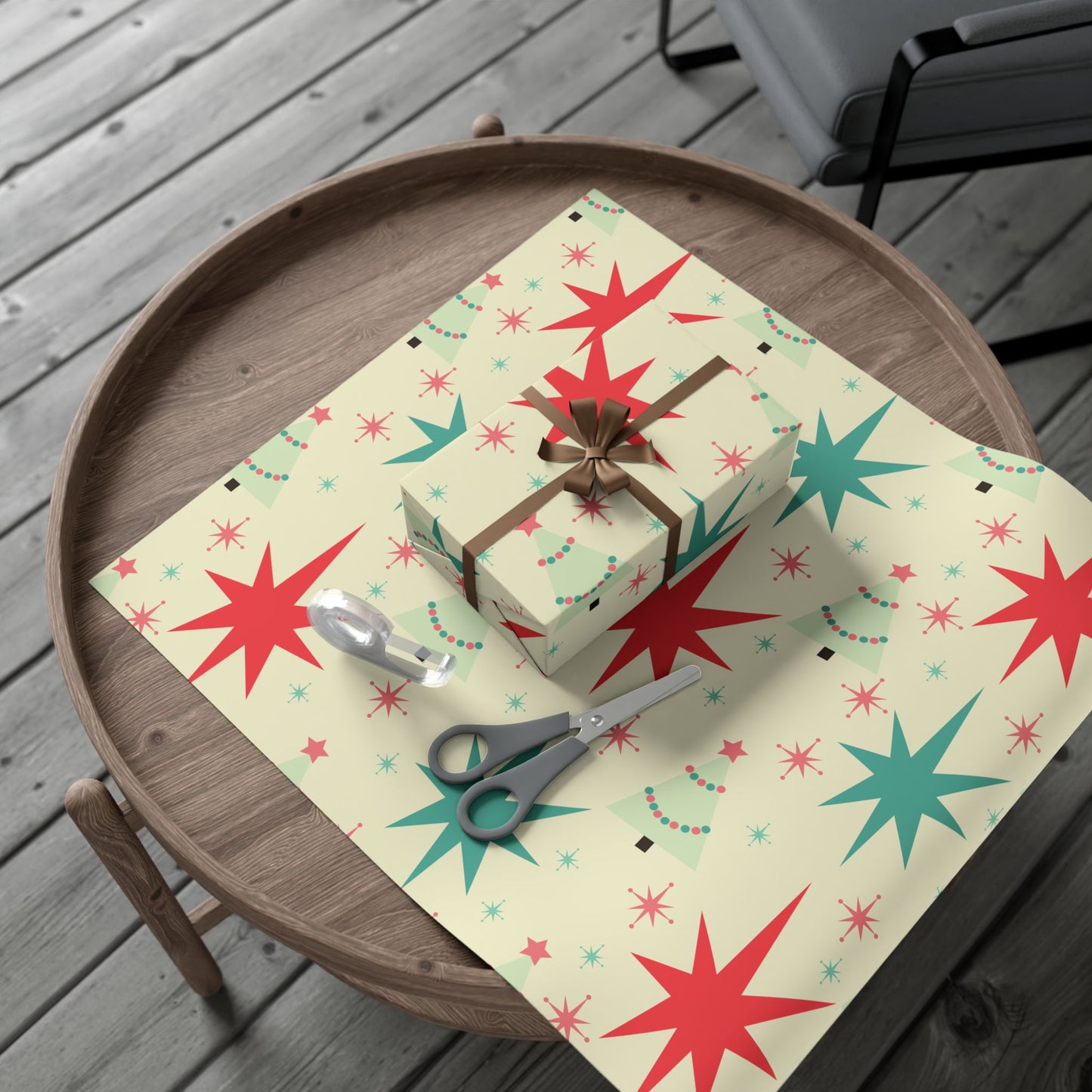 Retro Mid-Century Christmas Gift Wrap Paper – Starburst & Tree Pattern