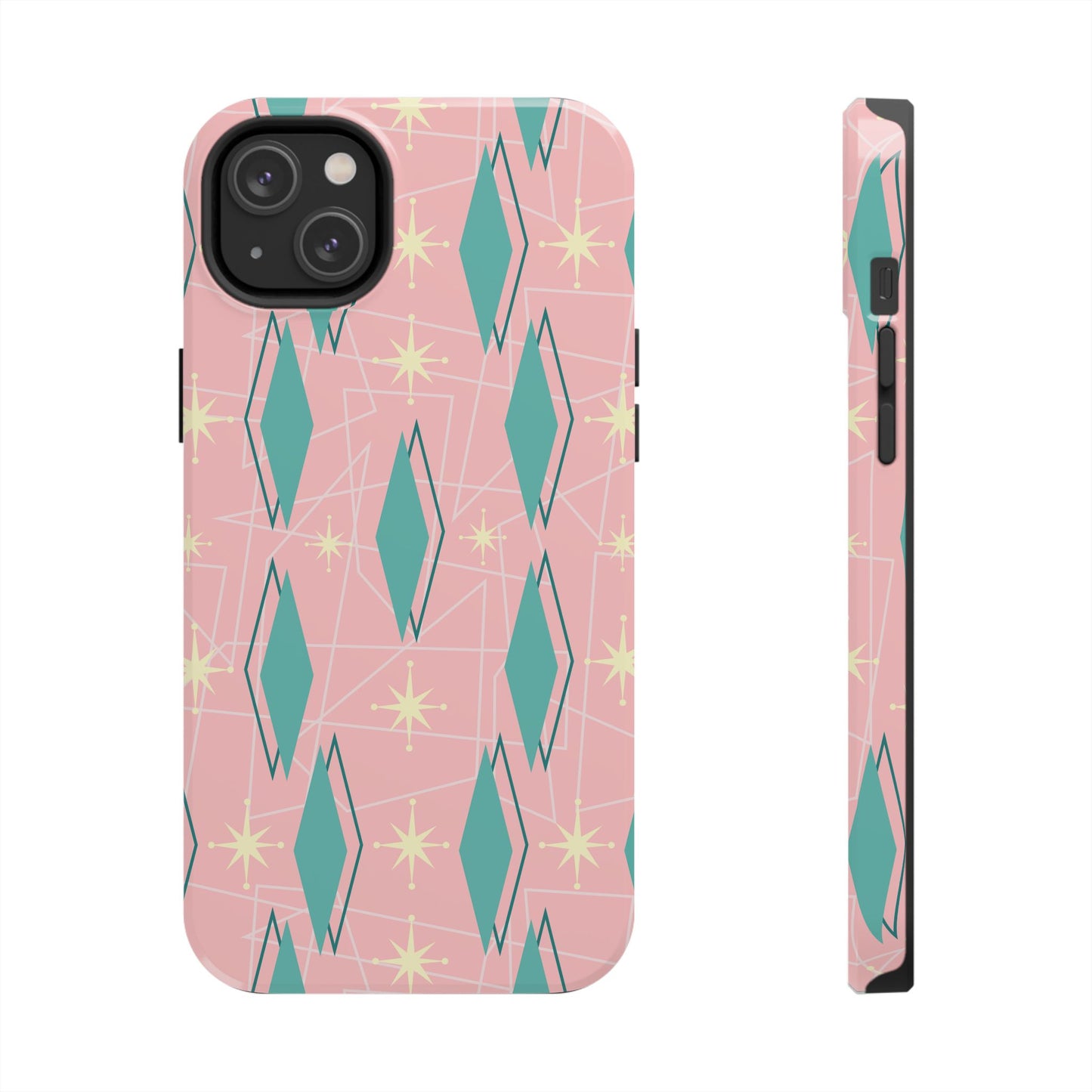 1950s Retro Star and Diamond Pattern in Pink and Green Tough iPhone Case