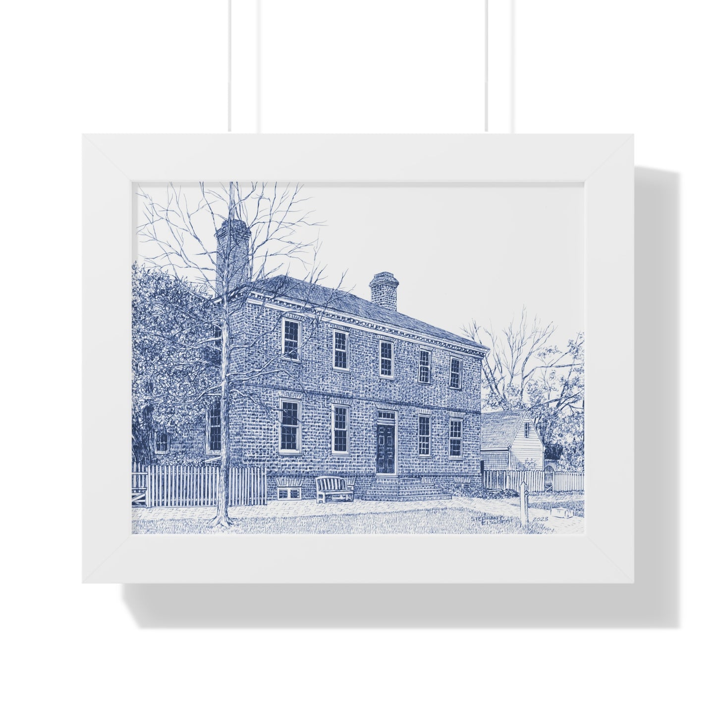 Colonial Williamsburg's Wythe House in Blue Framed Horizontal Poster — Vintage Blue Architectural Print of Historic House