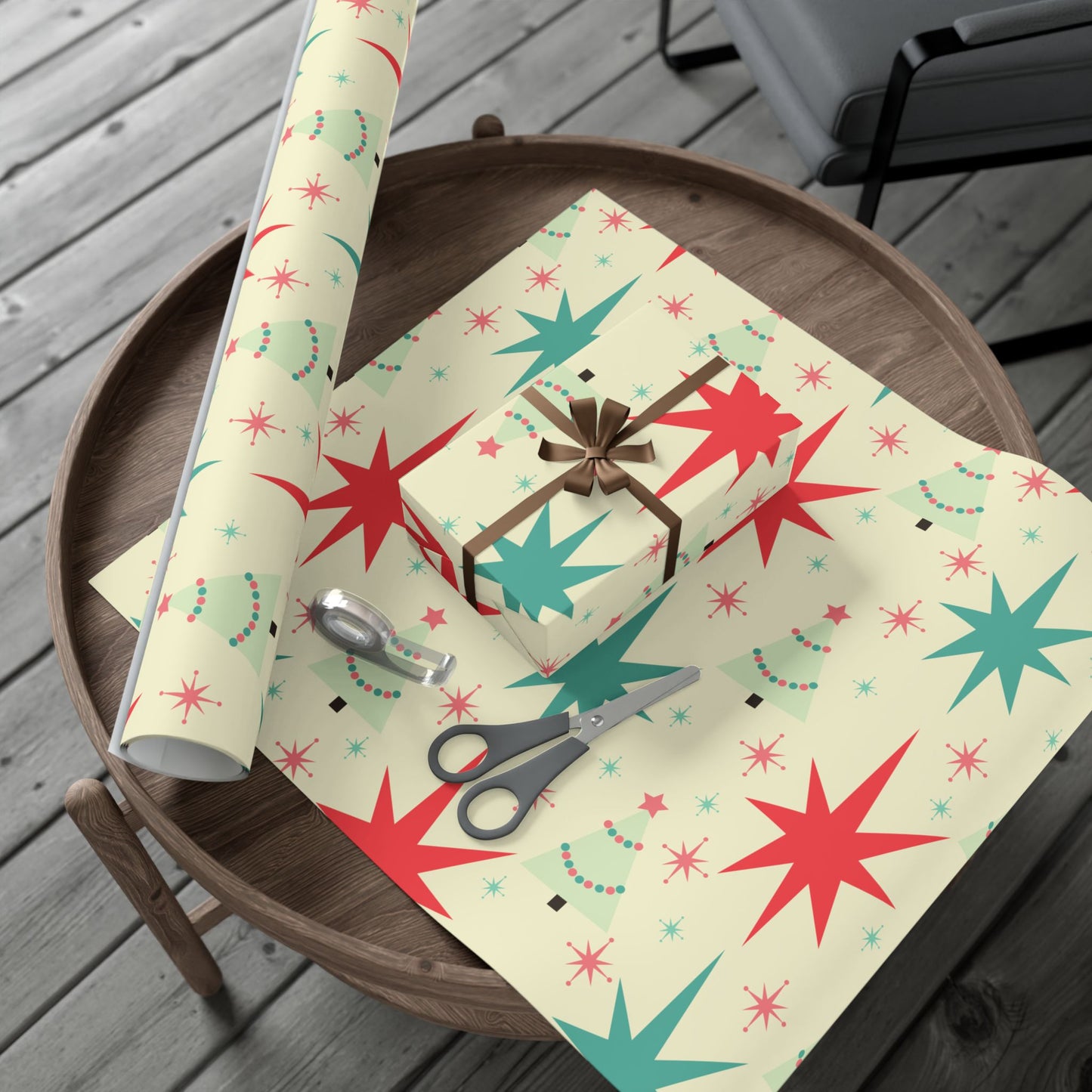 Retro Mid-Century Christmas Gift Wrap Paper – Starburst & Tree Pattern
