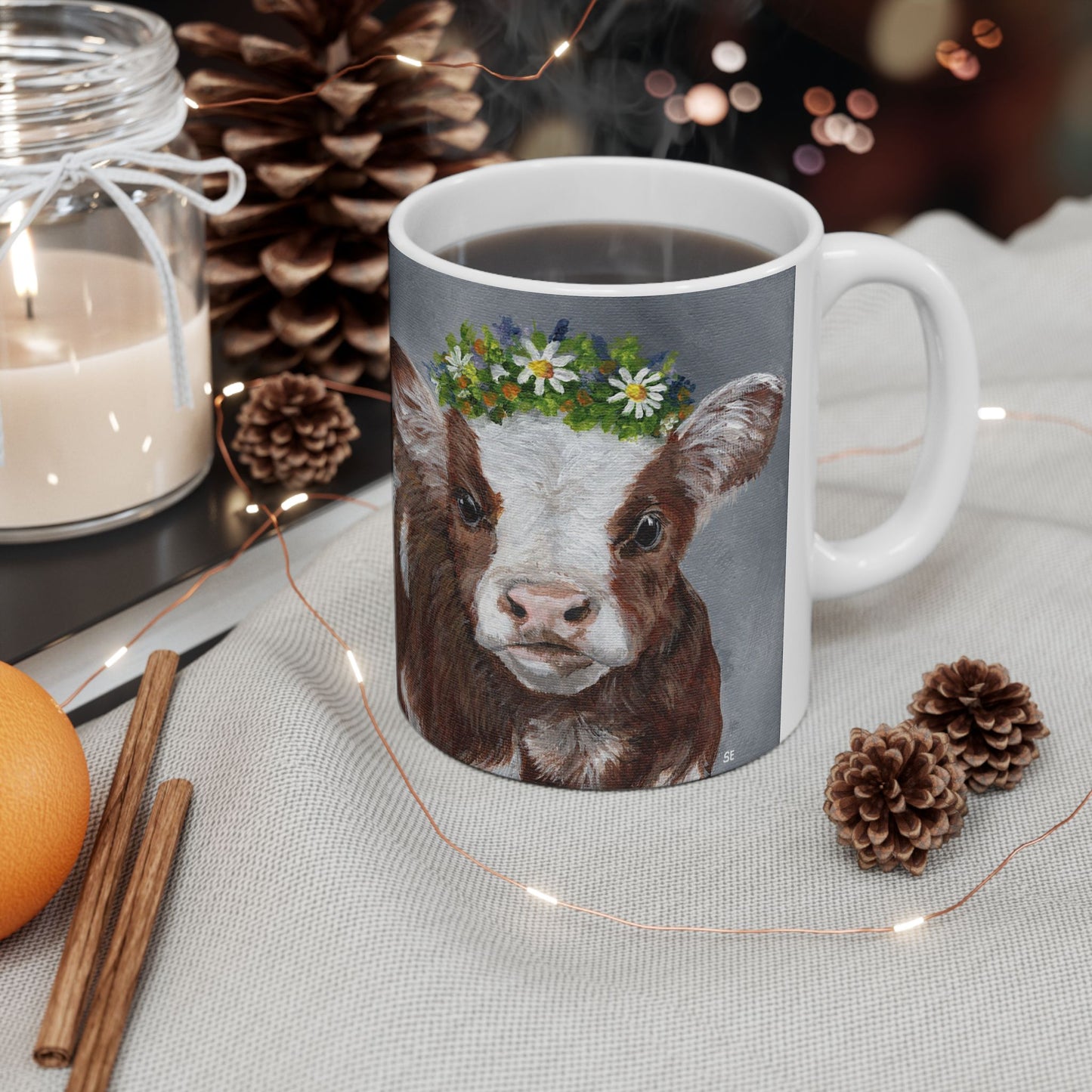Cow with Daisy Crown Ceramic Mug — Cute Farm Animal Coffee Cup (11oz, 15oz)
