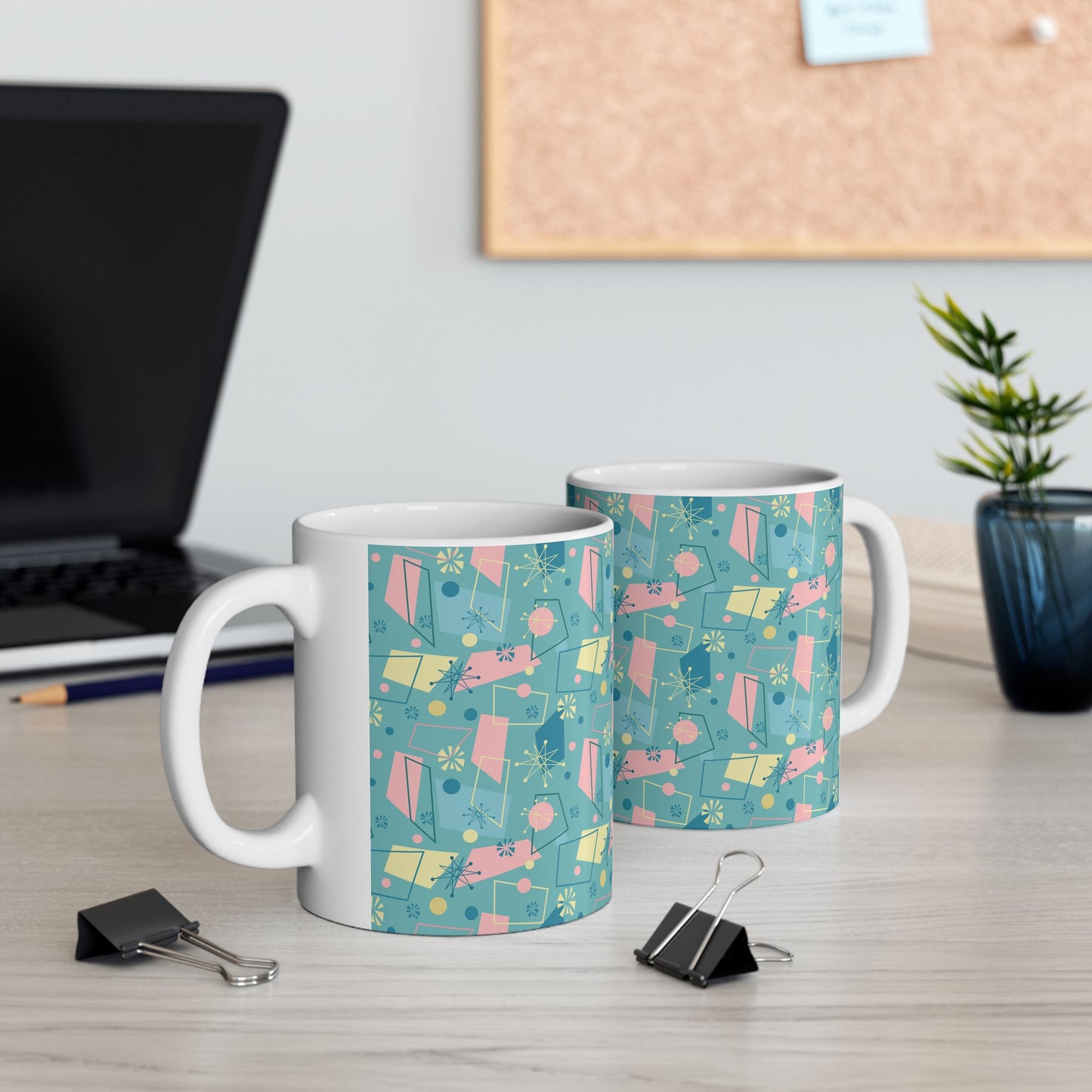 Mid-Century Modern Pattern Ceramic Mug — Retro Teal Atomic Design (11oz/15oz)