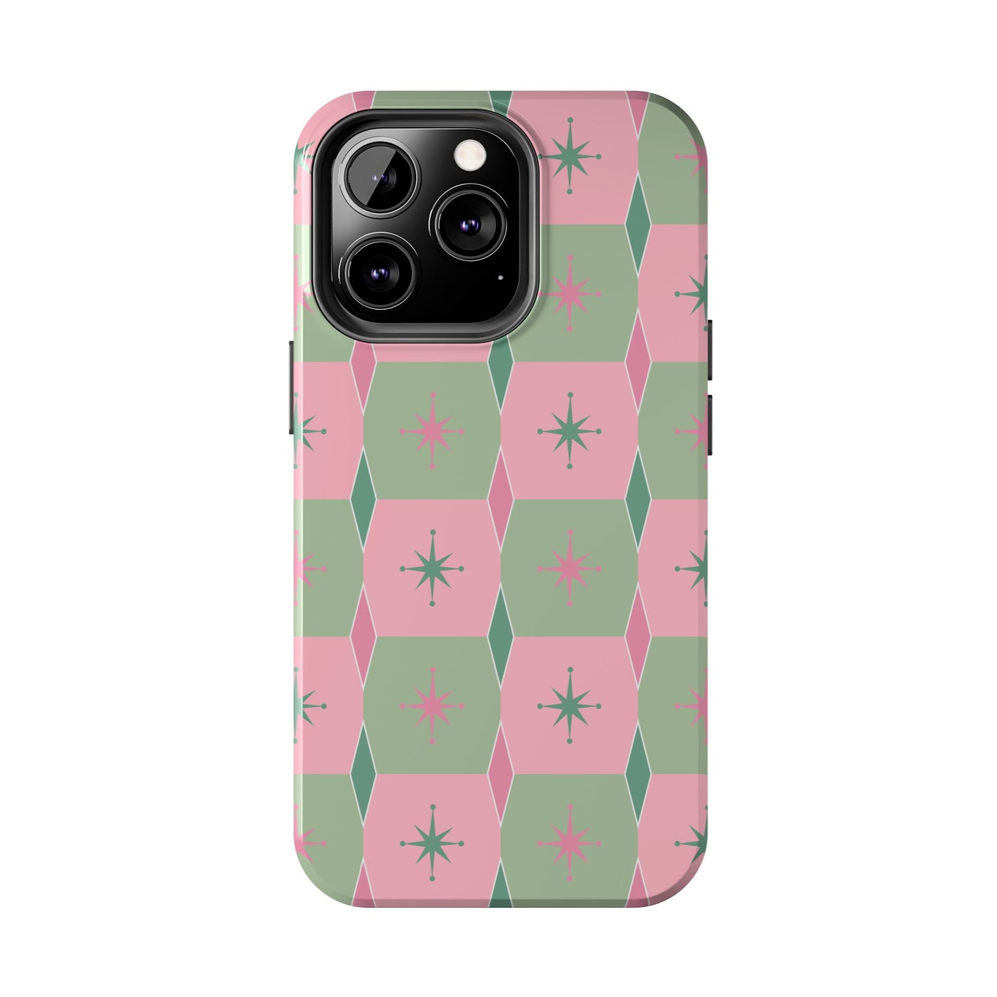 1950s Retro Square and Diamond Pattern in Pink and Green Tough iPhone Cases