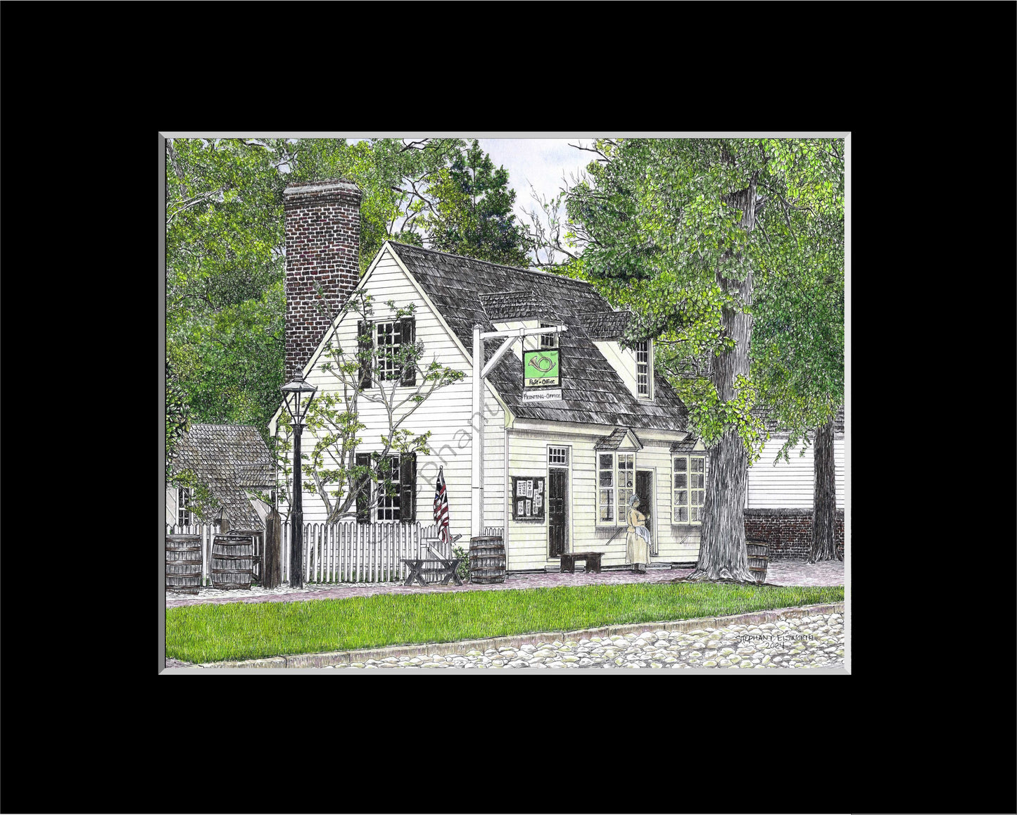 Colonial Williamsburg's Post Office, Williamsburg, Virginia 11 x 14 Pen and Ink/Colored Pencil Premium Giclee Fine Art Print in Optional 16 x 20 mat