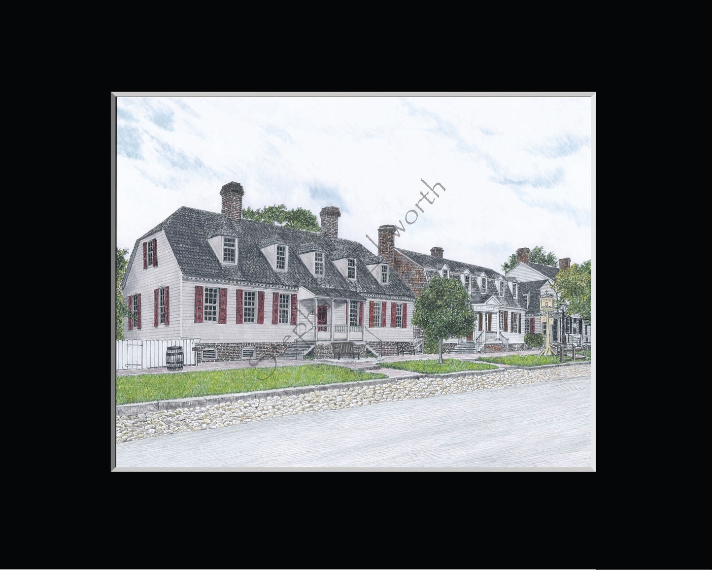 Colonial Williamsburg's Kings Arms Row 11 x 14 inch Original Pen and Ink/ Colored Pencil Drawing