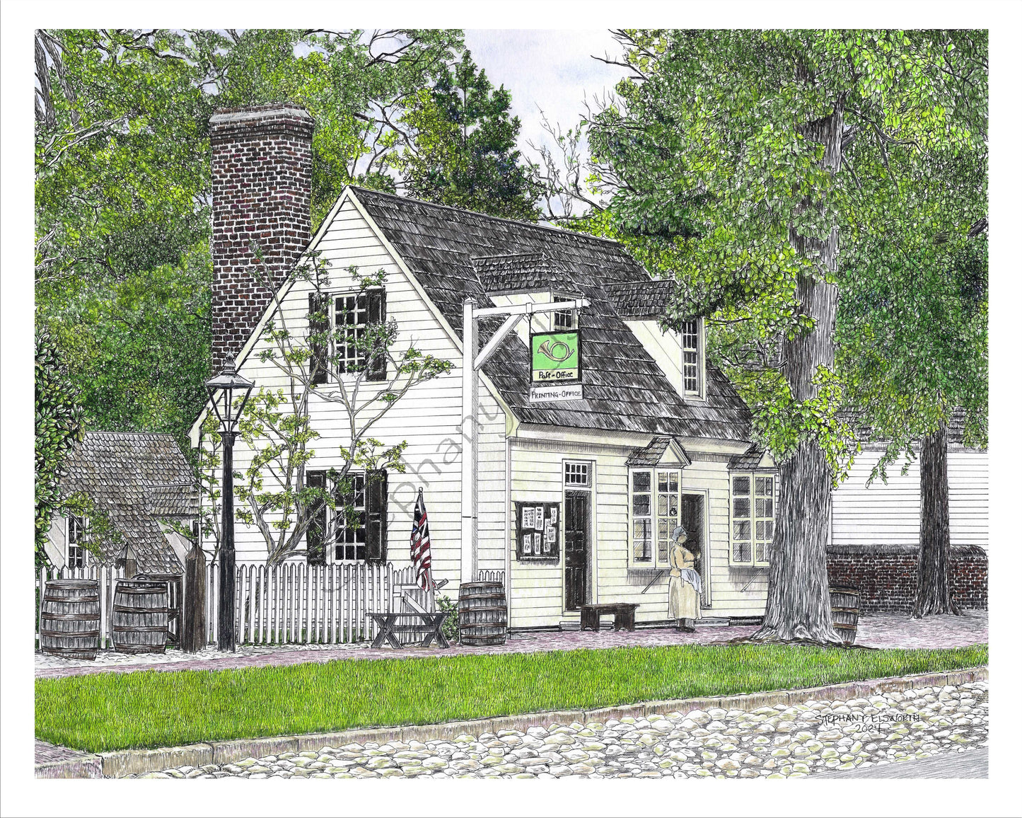 Colonial Williamsburg's Post Office, Williamsburg, Virginia 11 x 14 Pen and Ink/Colored Pencil Premium Giclee Fine Art Print in Optional 16 x 20 mat