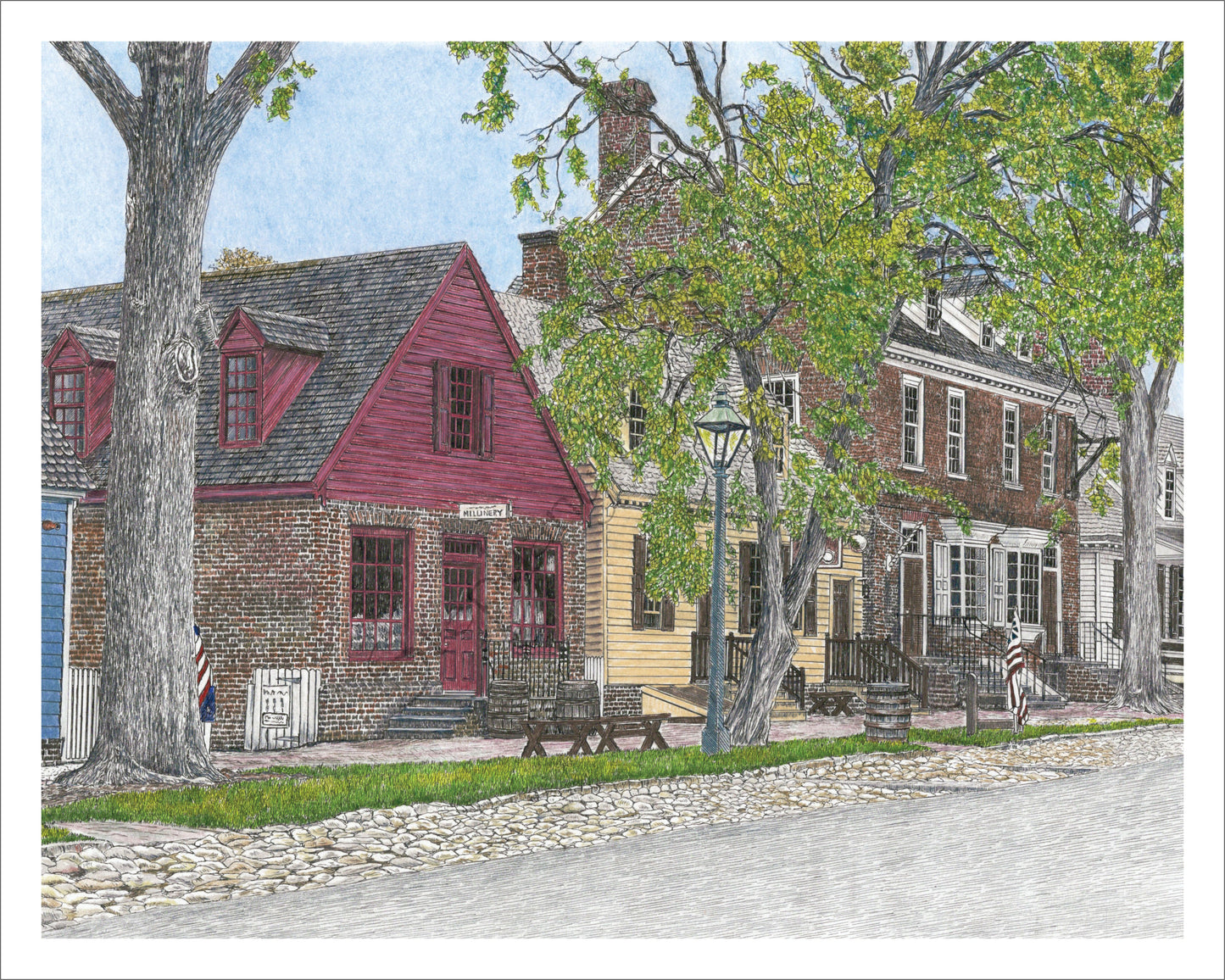14 x 11 inch Colonial Williamsburg's Millinery Row Original Pen and Ink/Colored Pencil Illustration