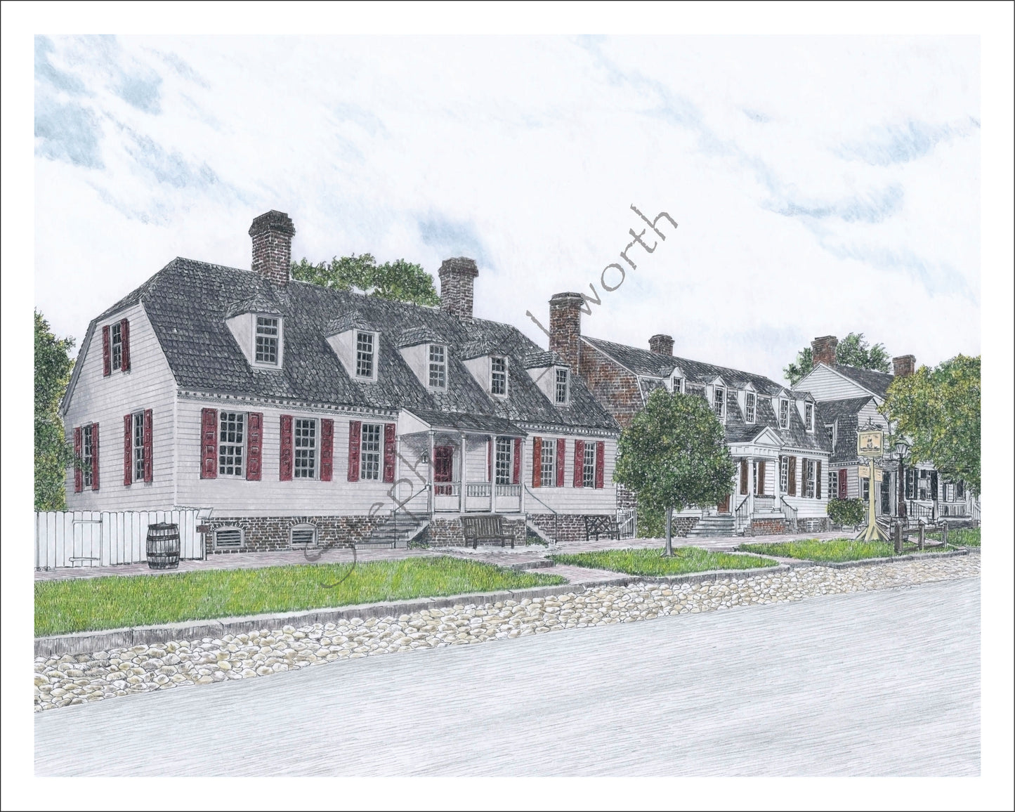 Colonial Williamsburg's Kings Arms Row 11 x 14 inch Original Pen and Ink/ Colored Pencil Drawing