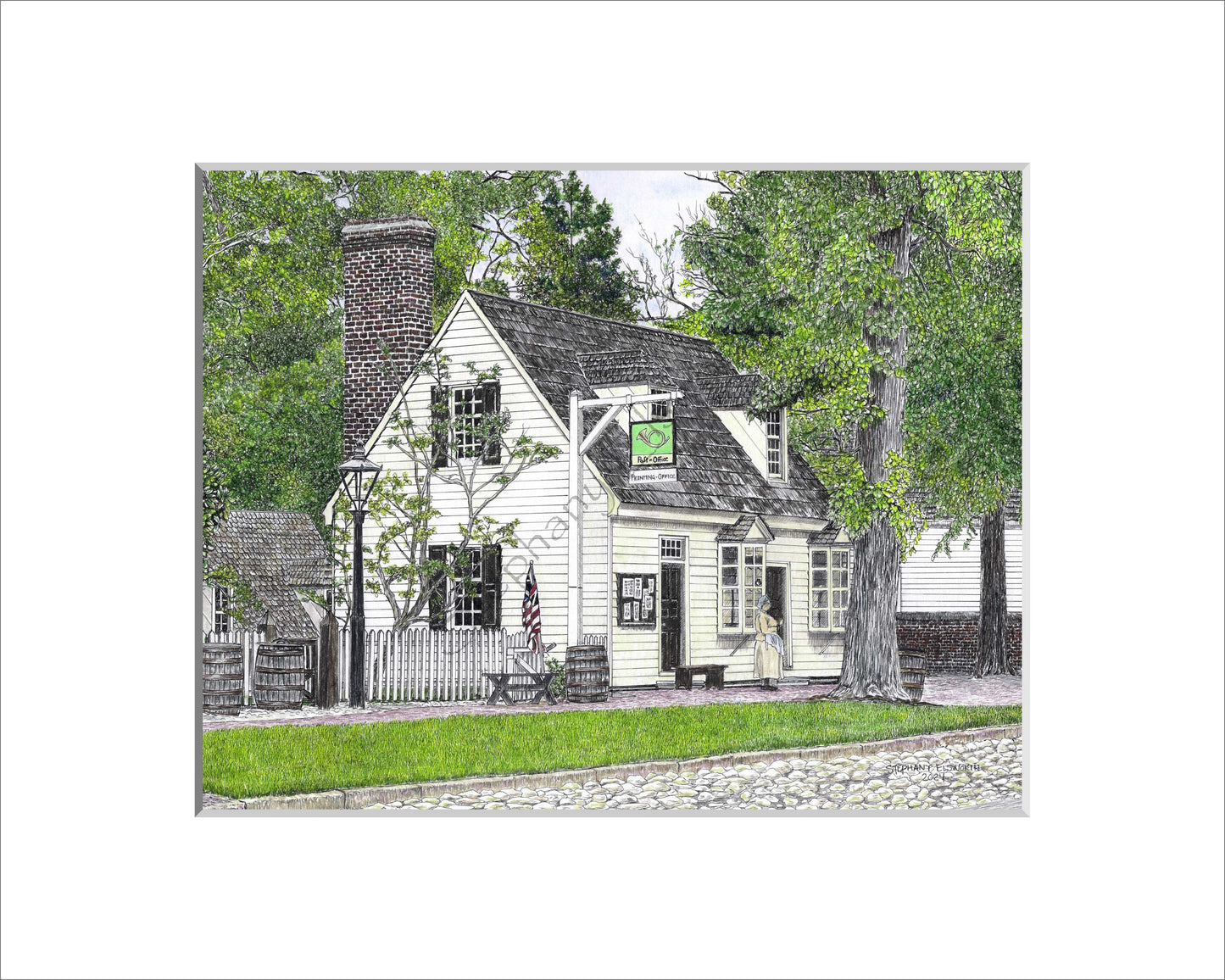 Colonial Williamsburg's Post Office, Williamsburg, Virginia 11 x 14 Pen and Ink/Colored Pencil Premium Giclee Fine Art Print in Optional 16 x 20 mat