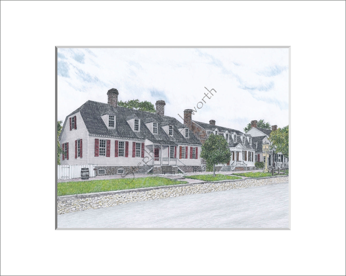 Colonial Williamsburg's Kings Arms Row 11 x 14 inch Original Pen and Ink/ Colored Pencil Drawing