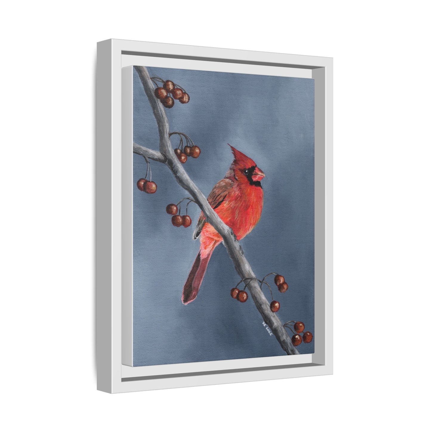 Framed Cardinal Canvas Art – Red Northern Cardinal on Winter Branch