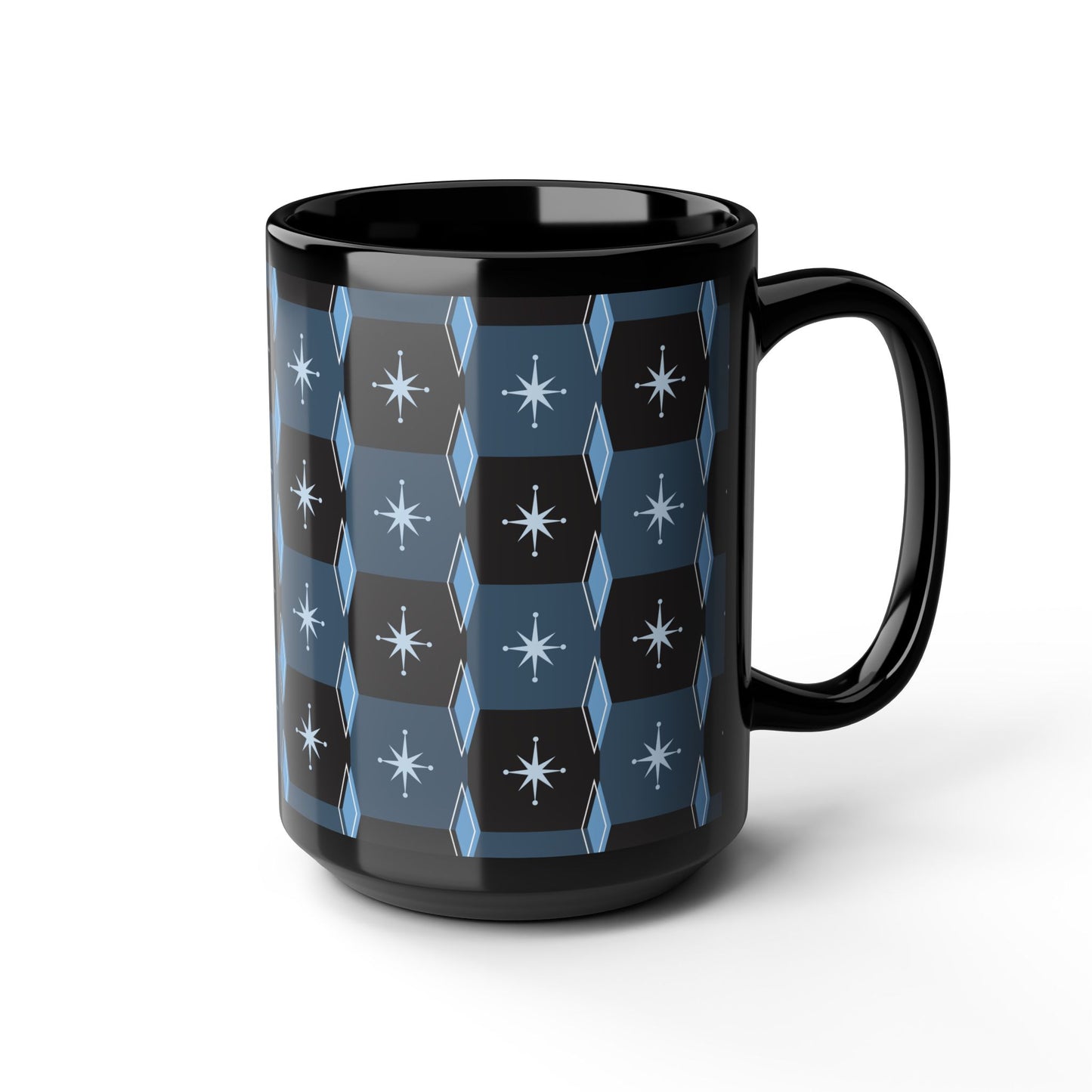 Retro Starburst Pattern Black Coffee Mug — Mid-Century Geometric 11oz/15oz