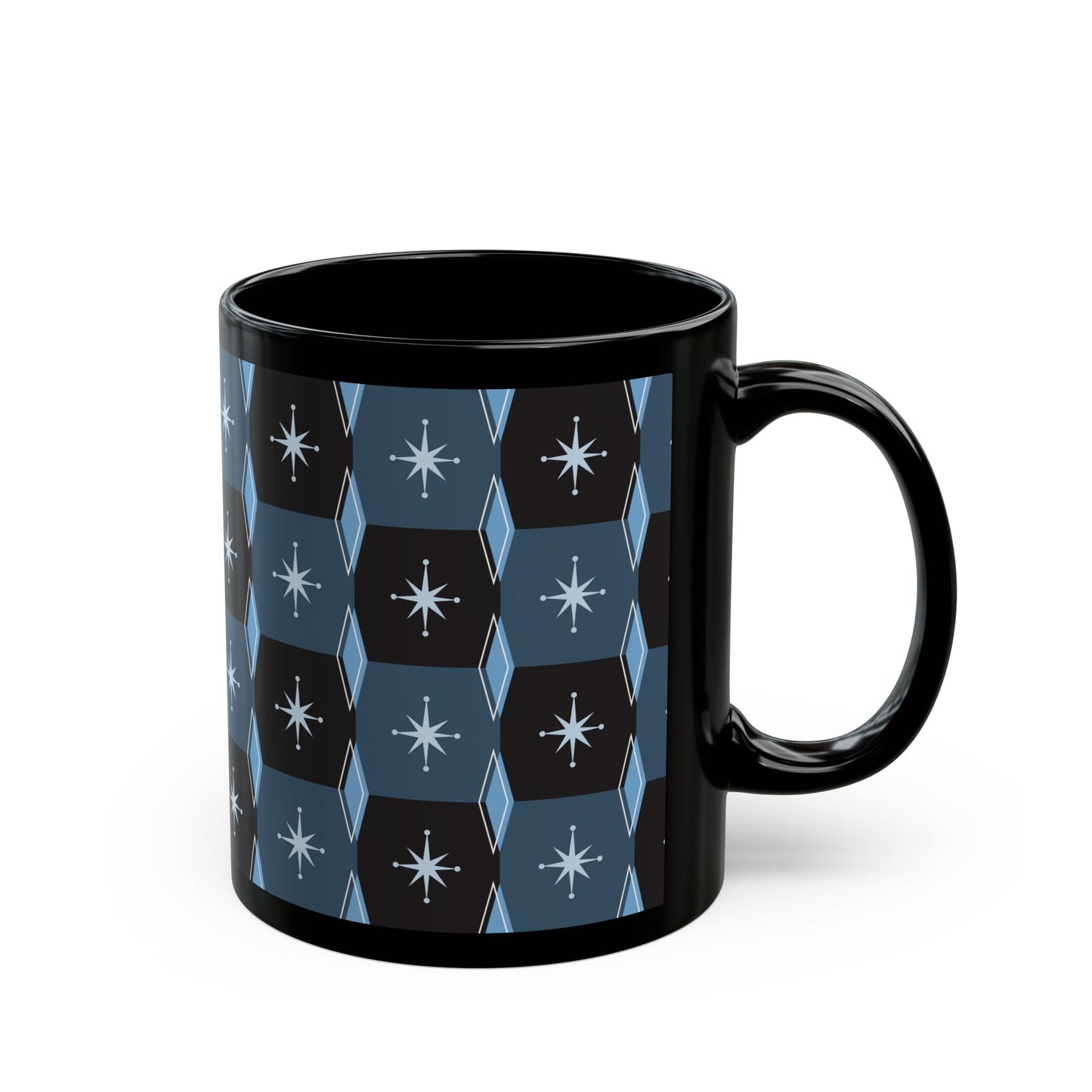 Retro Starburst Pattern Black Coffee Mug — Mid-Century Geometric 11oz/15oz