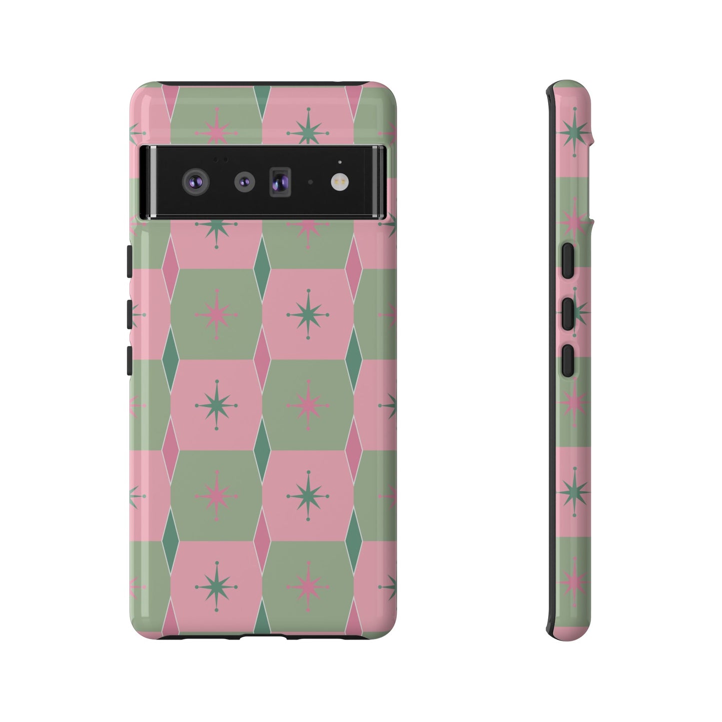 1950s Retro Square and Diamond Pattern in Pink and Green Tough Cases