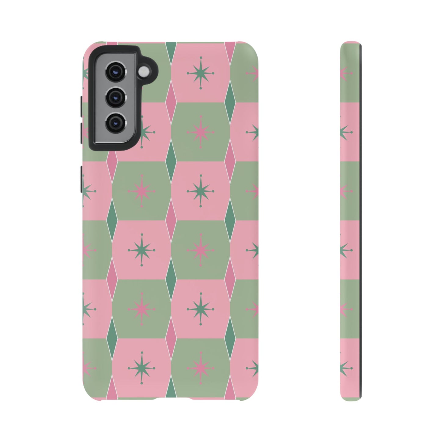 1950s Retro Square and Diamond Pattern in Pink and Green Tough Cases