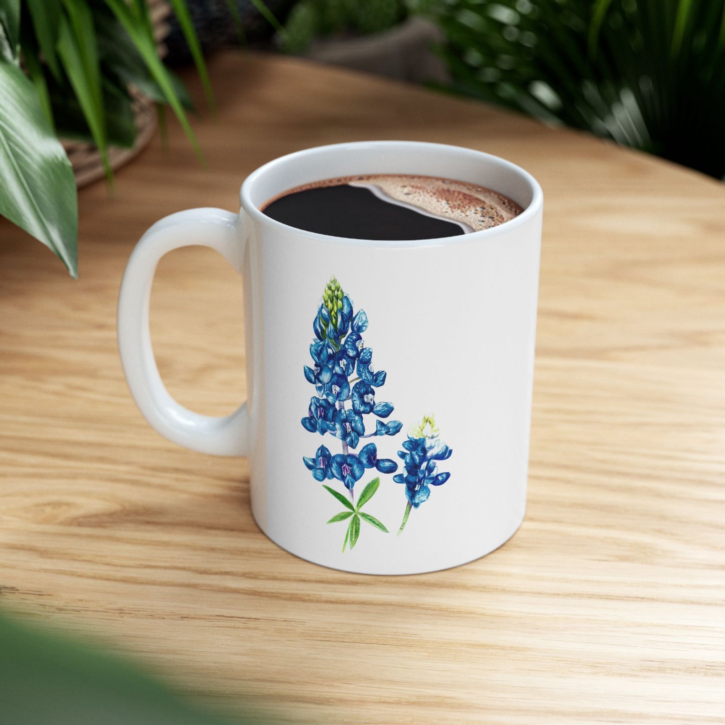Bluebonnet Floral Ceramic Mug — Hand-Painted Bluebonnet Flowers Coffee Cup (11oz, 15oz)