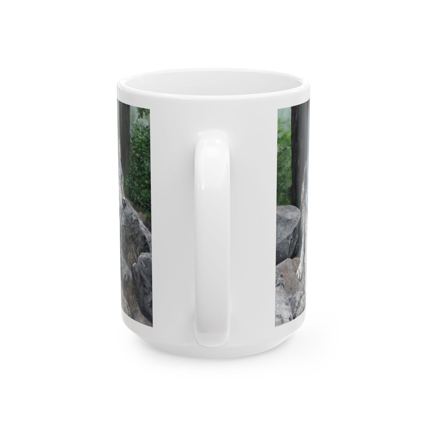 Wolf in the Woods Ceramic Mug — Rustic Nature Coffee Cup (11oz/15oz)