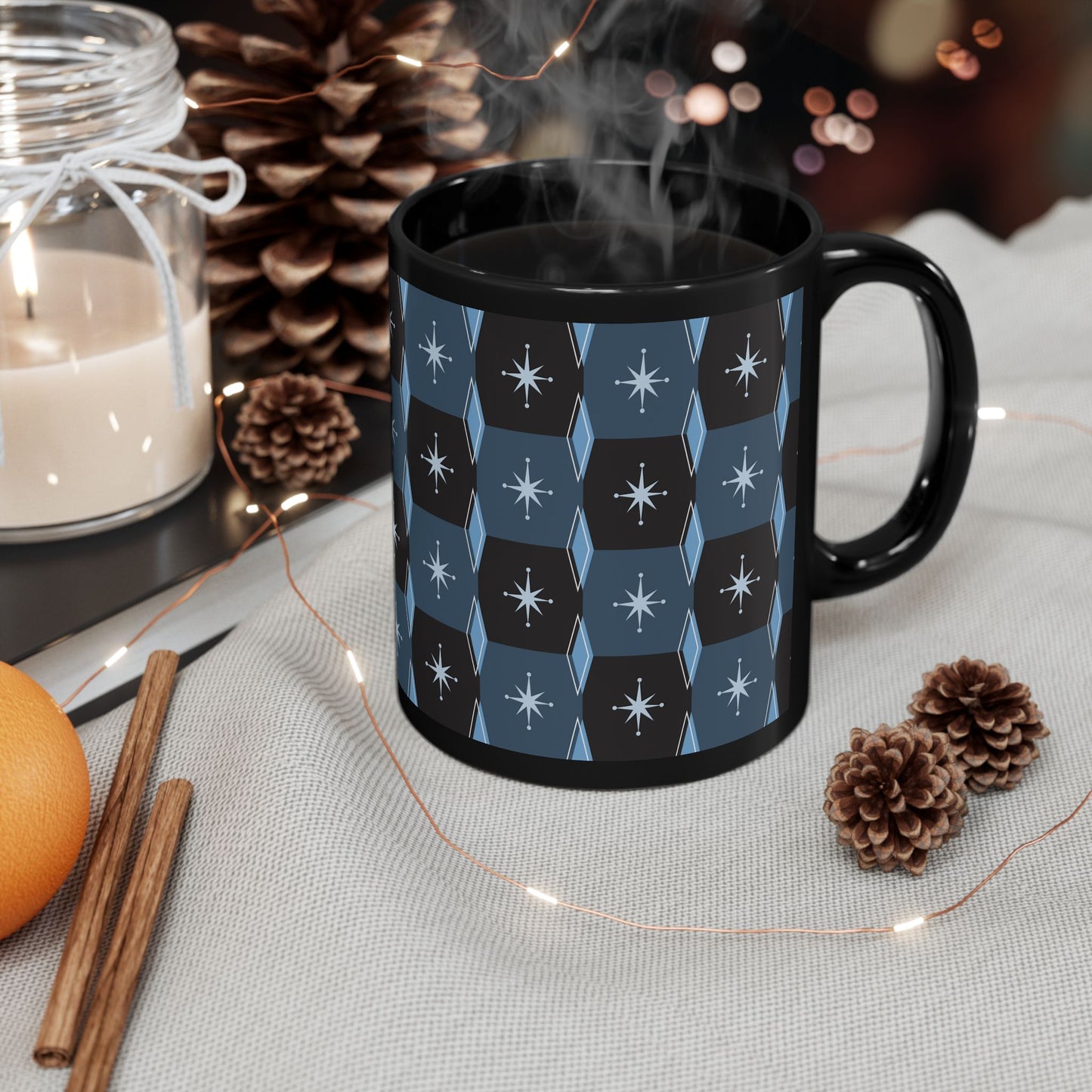 Retro Starburst Pattern Black Coffee Mug — Mid-Century Geometric 11oz/15oz