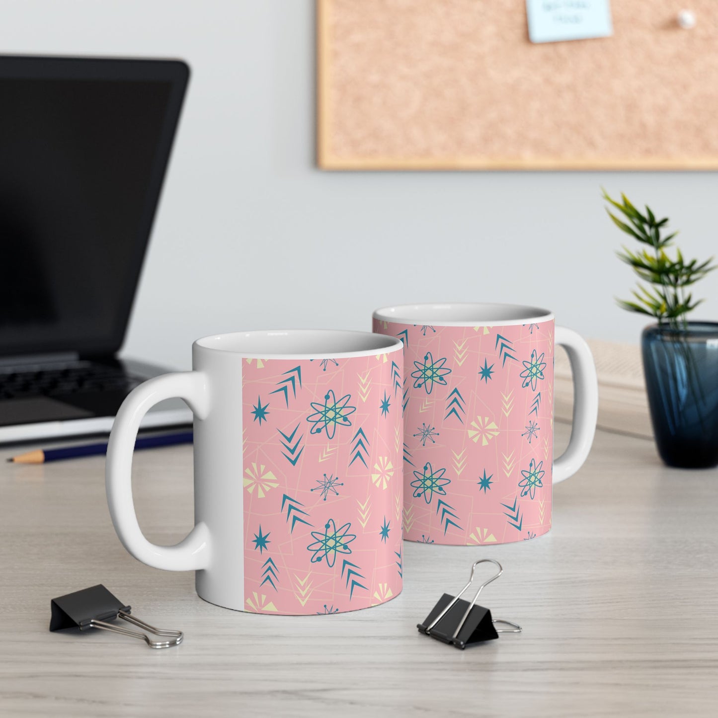 Pink Retro Starburst Ceramic Mug – Mid-Century Modern Coffee Cup (11oz/15oz)