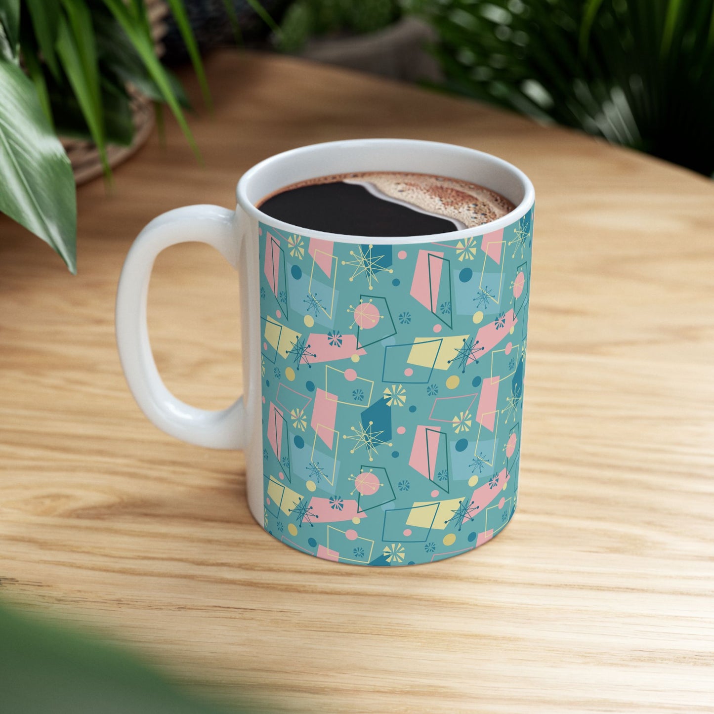Mid-Century Modern Pattern Ceramic Mug — Retro Teal Atomic Design (11oz/15oz)