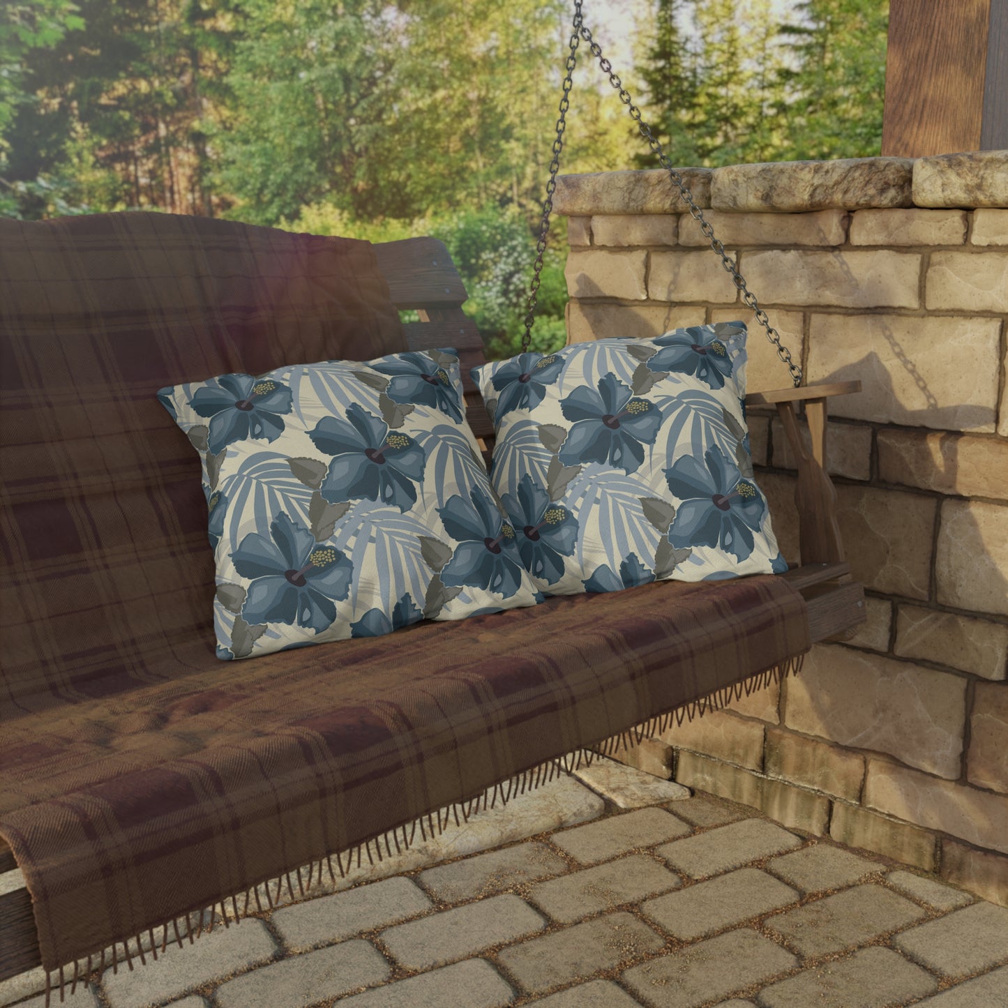 Blue Hibiscus in Earthtones Outdoor Pillows