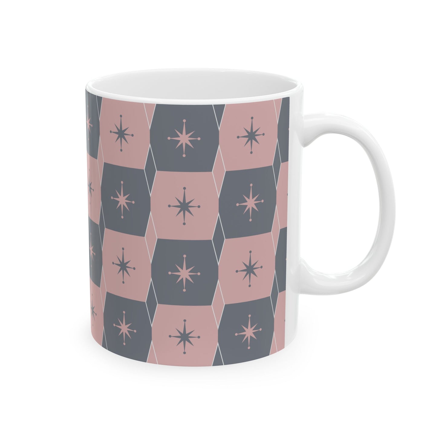 Mid-Century Starburst Ceramic Mug — Pink & Slate Geometric Pattern (11oz, 15oz)