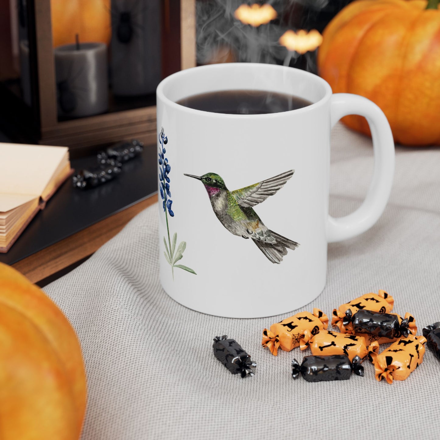 Hummingbird & Bluebonnet Ceramic Mug — Floral Bird Coffee Tea Cup (11oz, 15oz)