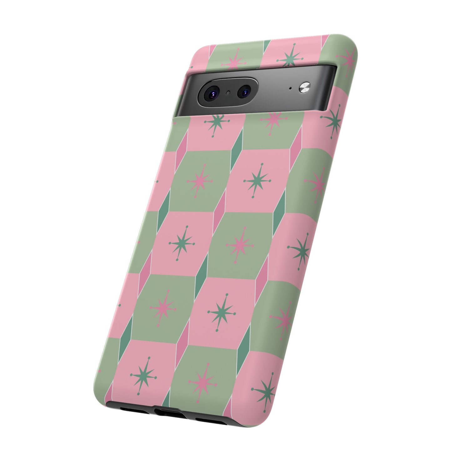 1950s Retro Square and Diamond Pattern in Pink and Green Tough Cases