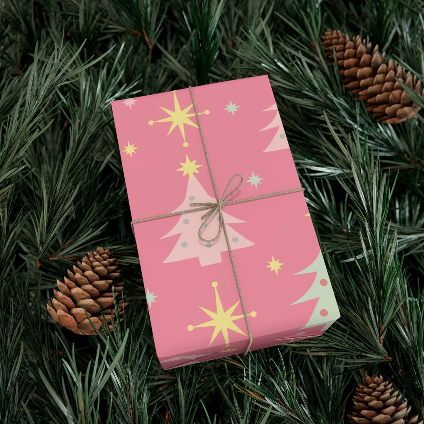 Pink Retro Christmas Tree Gift Wrap Paper — Holiday Wrapping Sheets