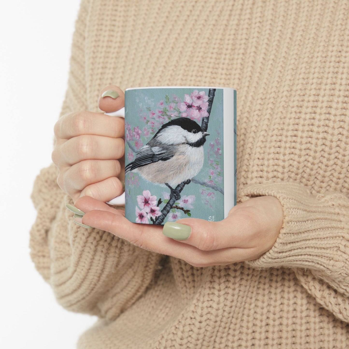 Chickadee Blossom Ceramic Mug — Floral Bird Coffee Cup (11oz & 15oz)