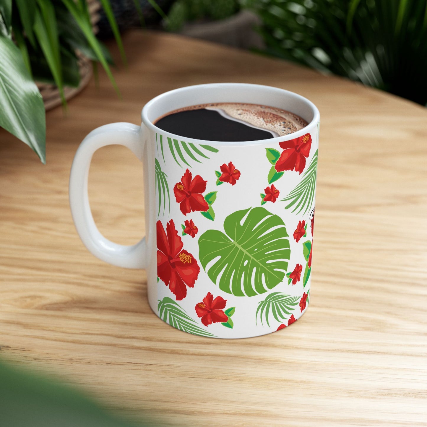 Tropical Hibiscus Mug — Floral Palm Leaf Coffee Cup (11oz/15oz)