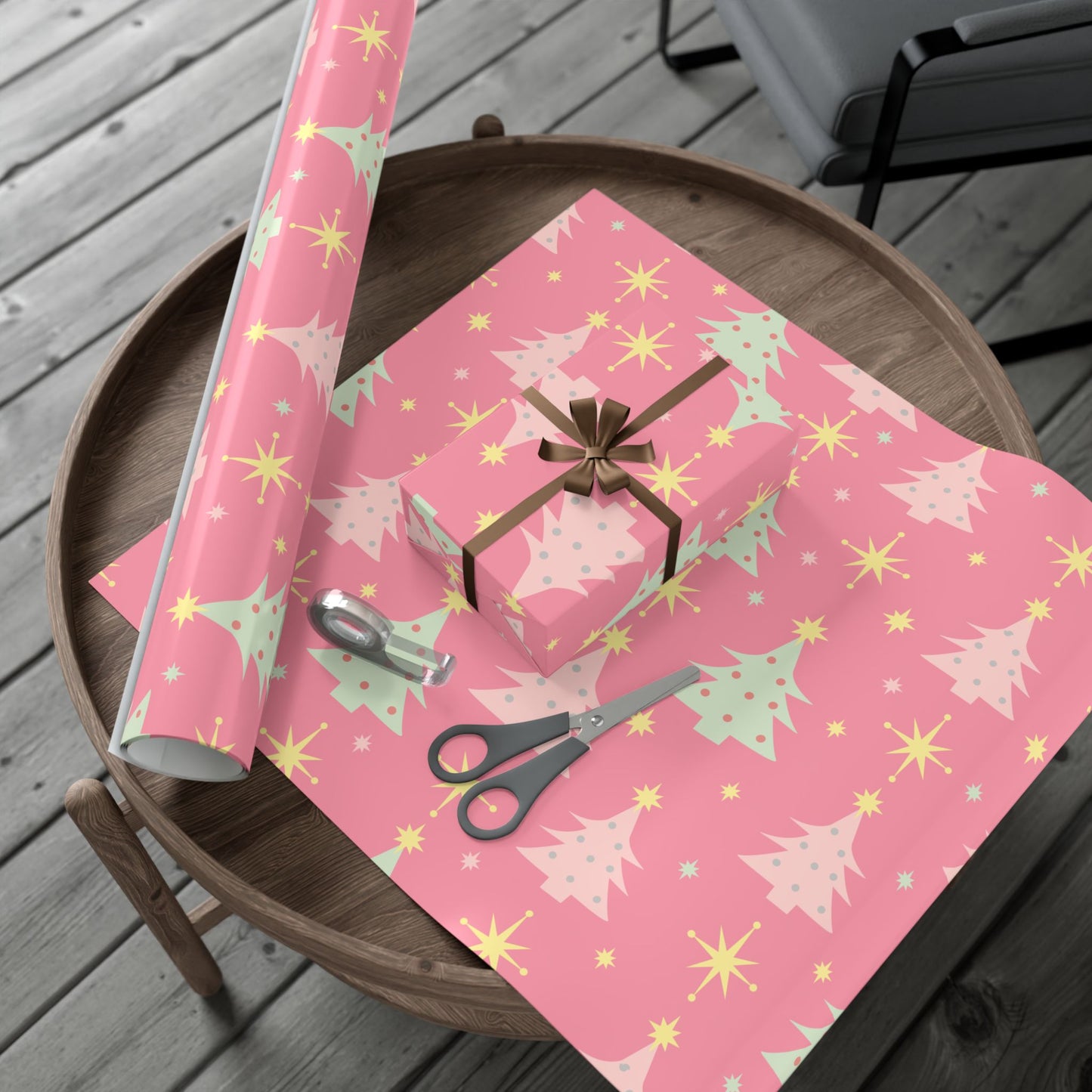 Pink Retro Christmas Tree Gift Wrap Paper — Holiday Wrapping Sheets