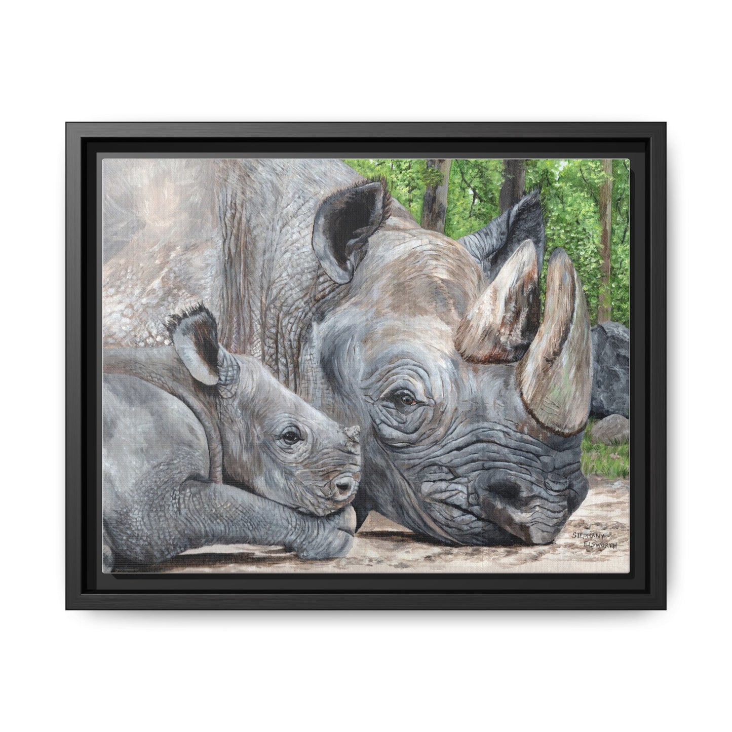 Framed Rhino & Calf Matte Canvas Print — Wildlife Nursery Wall Art