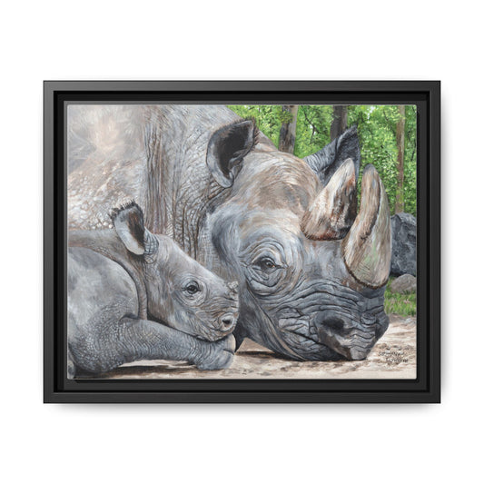Framed Rhino & Calf Matte Canvas Print — Wildlife Nursery Wall Art