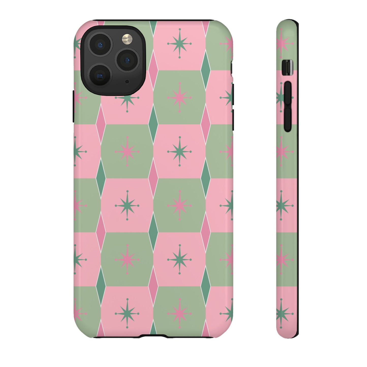 1950s Retro Square and Diamond Pattern in Pink and Green Tough Cases