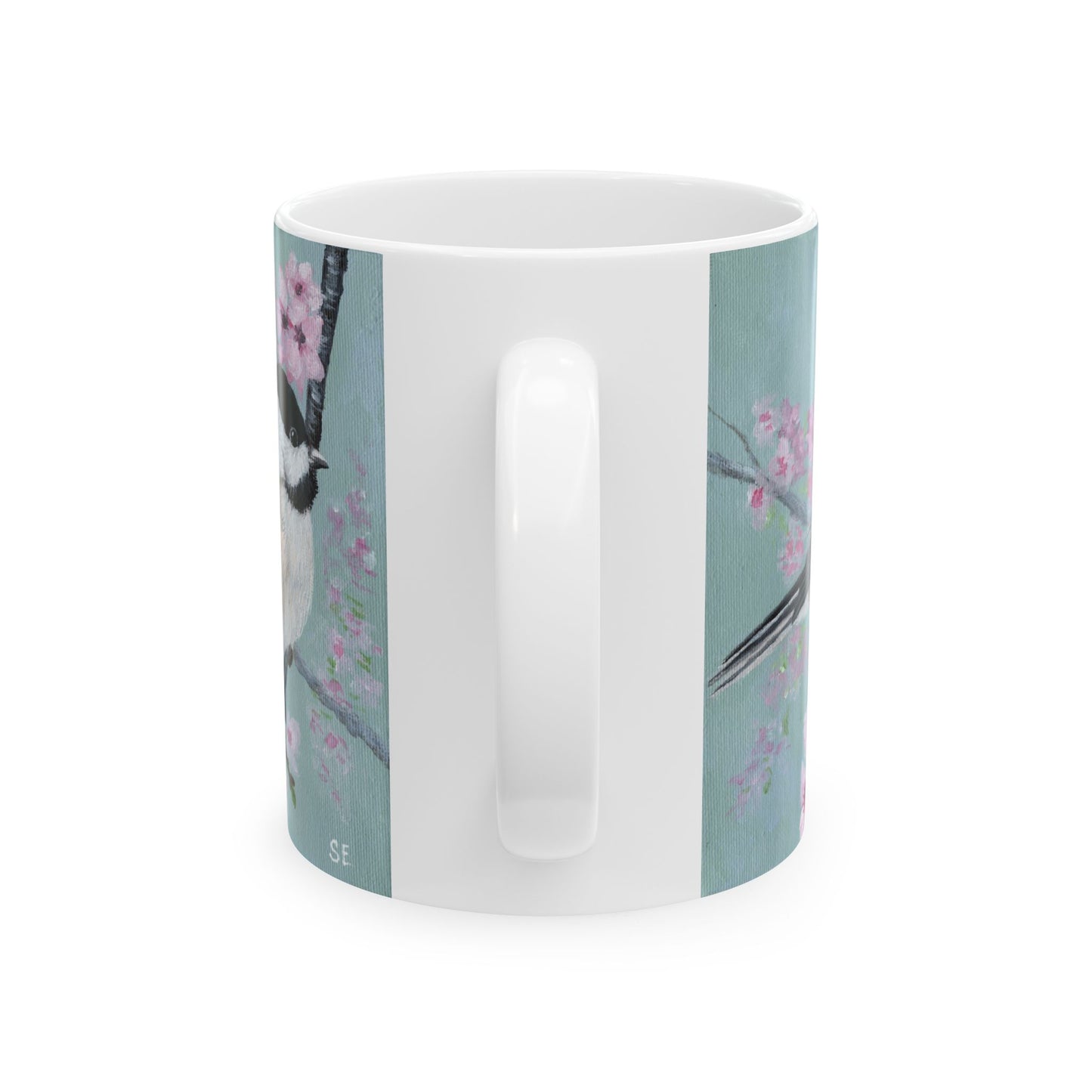 Chickadee Blossom Ceramic Mug — Floral Bird Coffee Cup (11oz & 15oz)