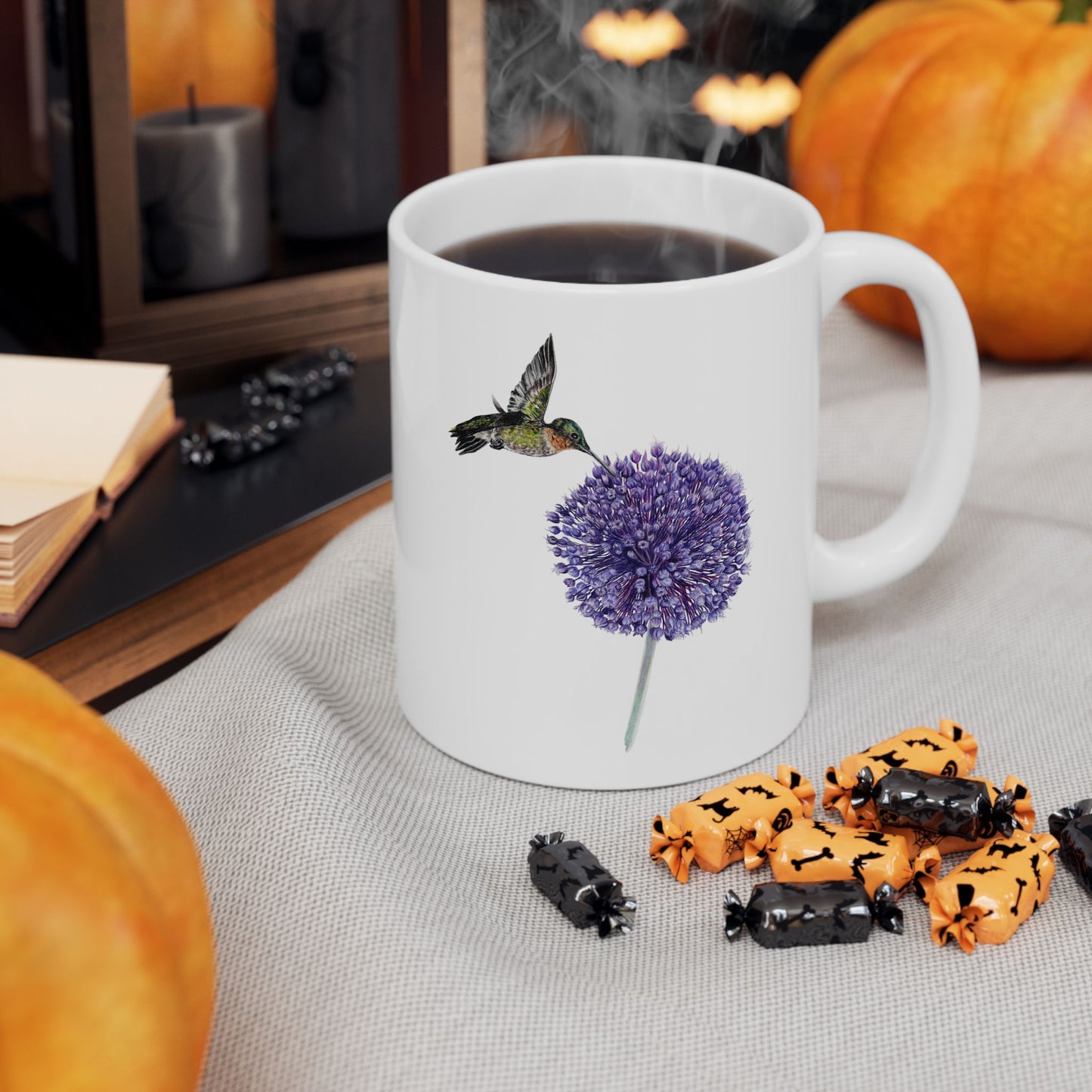 Hummingbird and Yorktown Onion Ceramic Mug — Purple Allium Floral & Hummingbird Coffee Cup (11oz & 15oz)