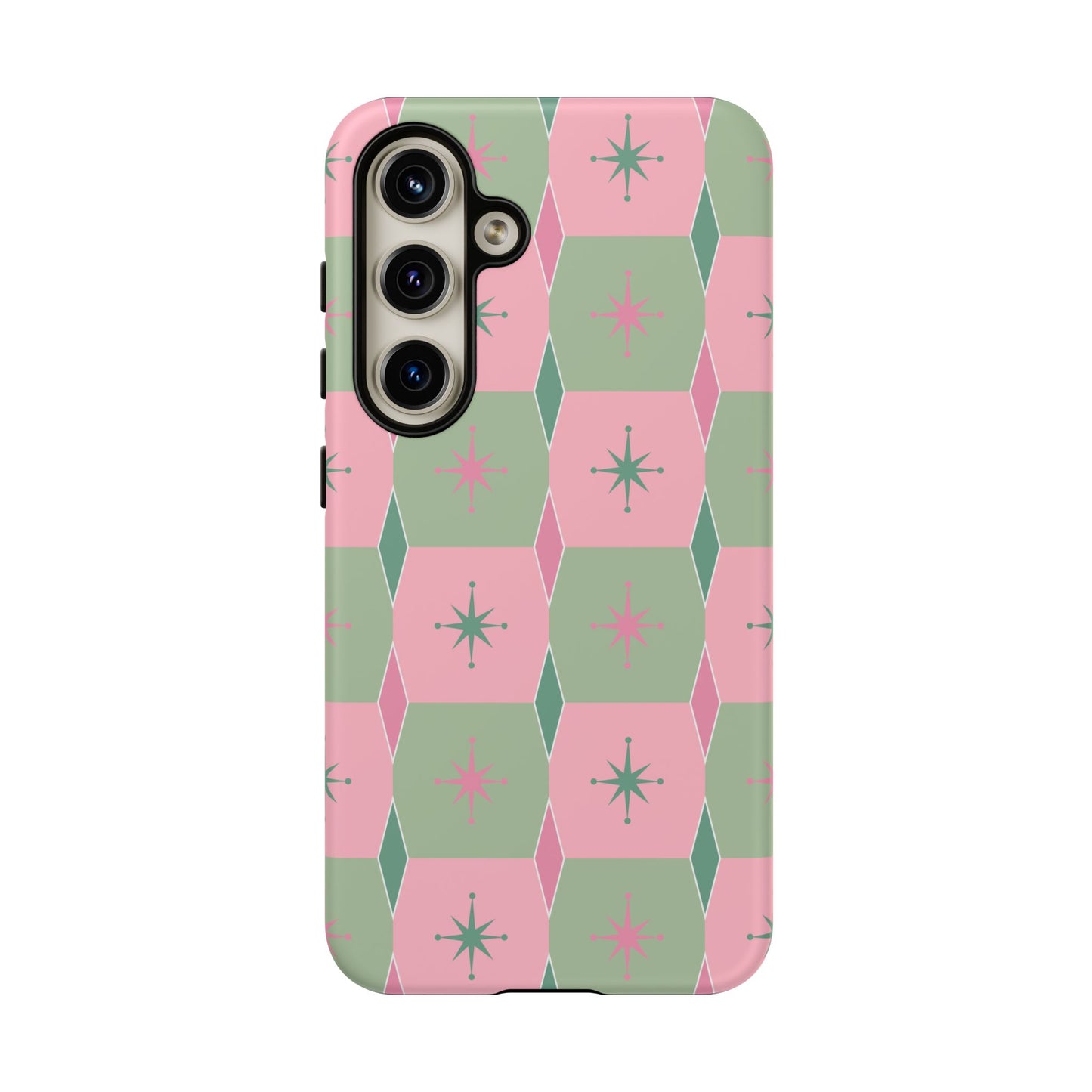 1950s Retro Square and Diamond Pattern in Pink and Green Tough Cases