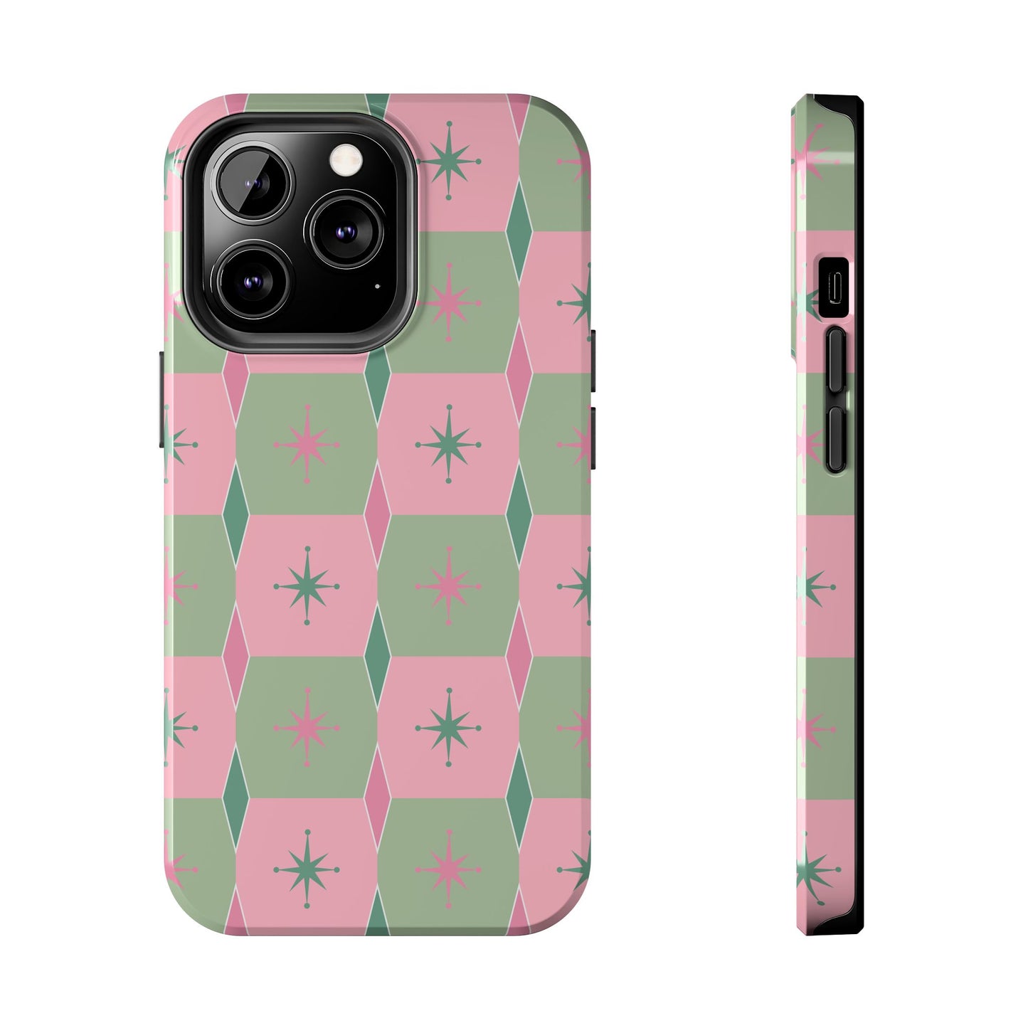 1950s Retro Square and Diamond Pattern in Pink and Green Tough iPhone Cases