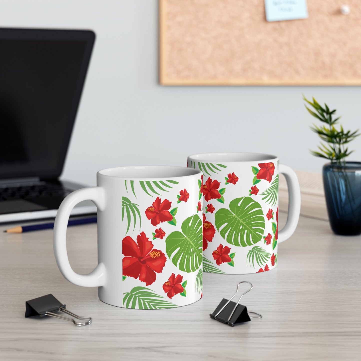 Tropical Hibiscus Mug — Floral Palm Leaf Coffee Cup (11oz/15oz)