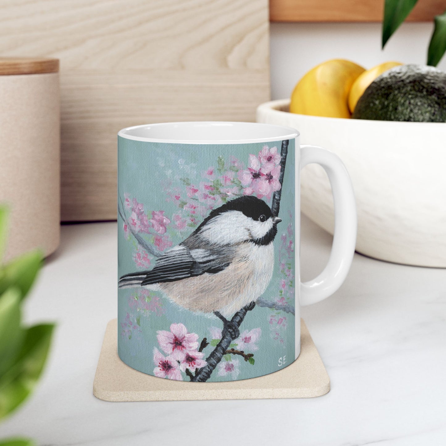 Chickadee Blossom Ceramic Mug — Floral Bird Coffee Cup (11oz & 15oz)